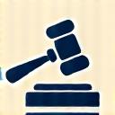 A stylized gavel and gear icon representing patent litigation.